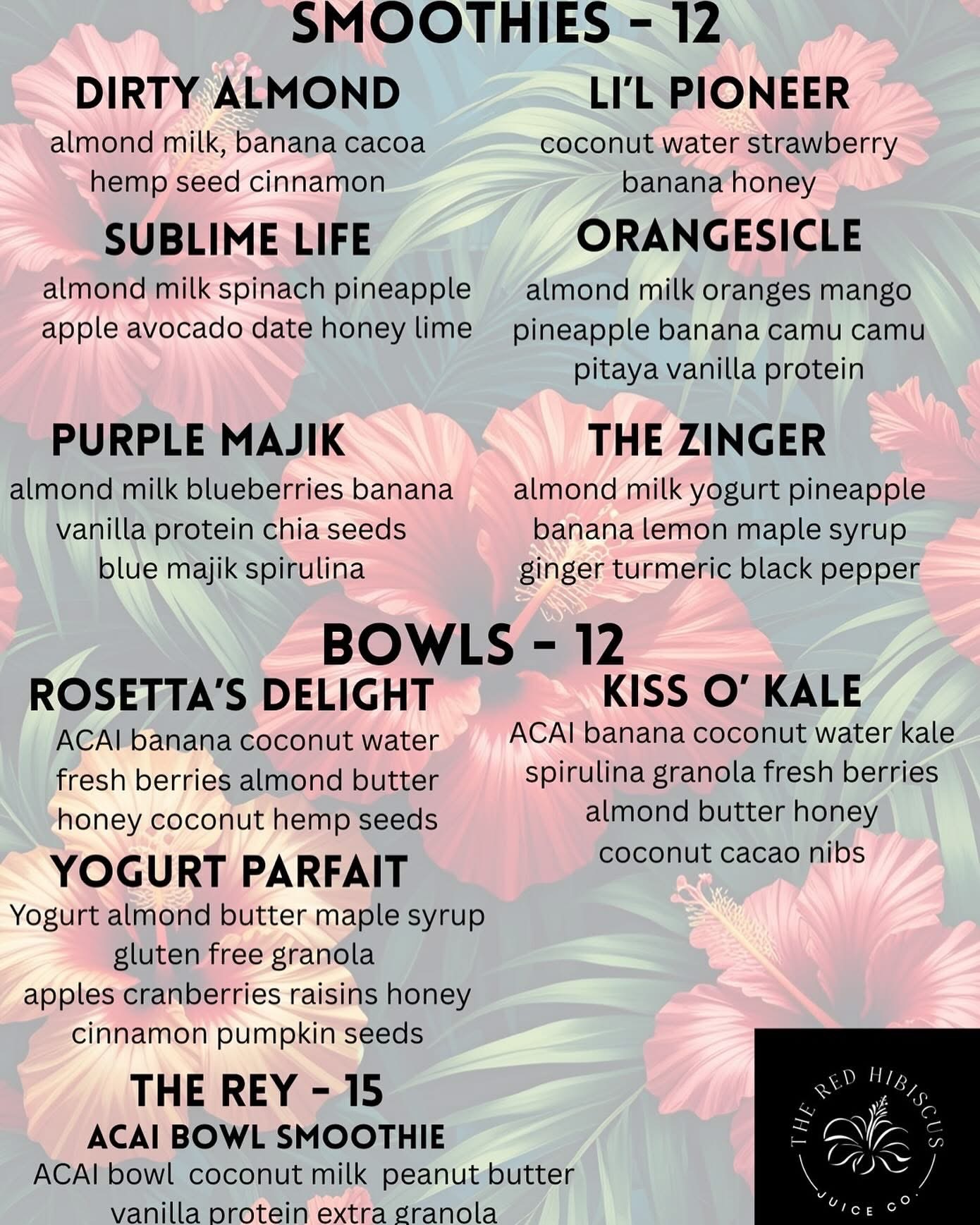 In-store smoothie and acai bowl menu at The Red Hibiscus Juice Co.