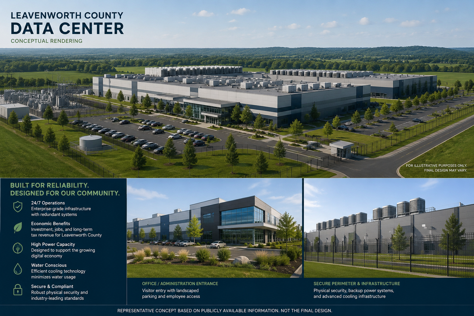 Conceptual rendering of a modern data center campus with buildings, utility infrastructure, parking, perimeter security, and surrounding green space.